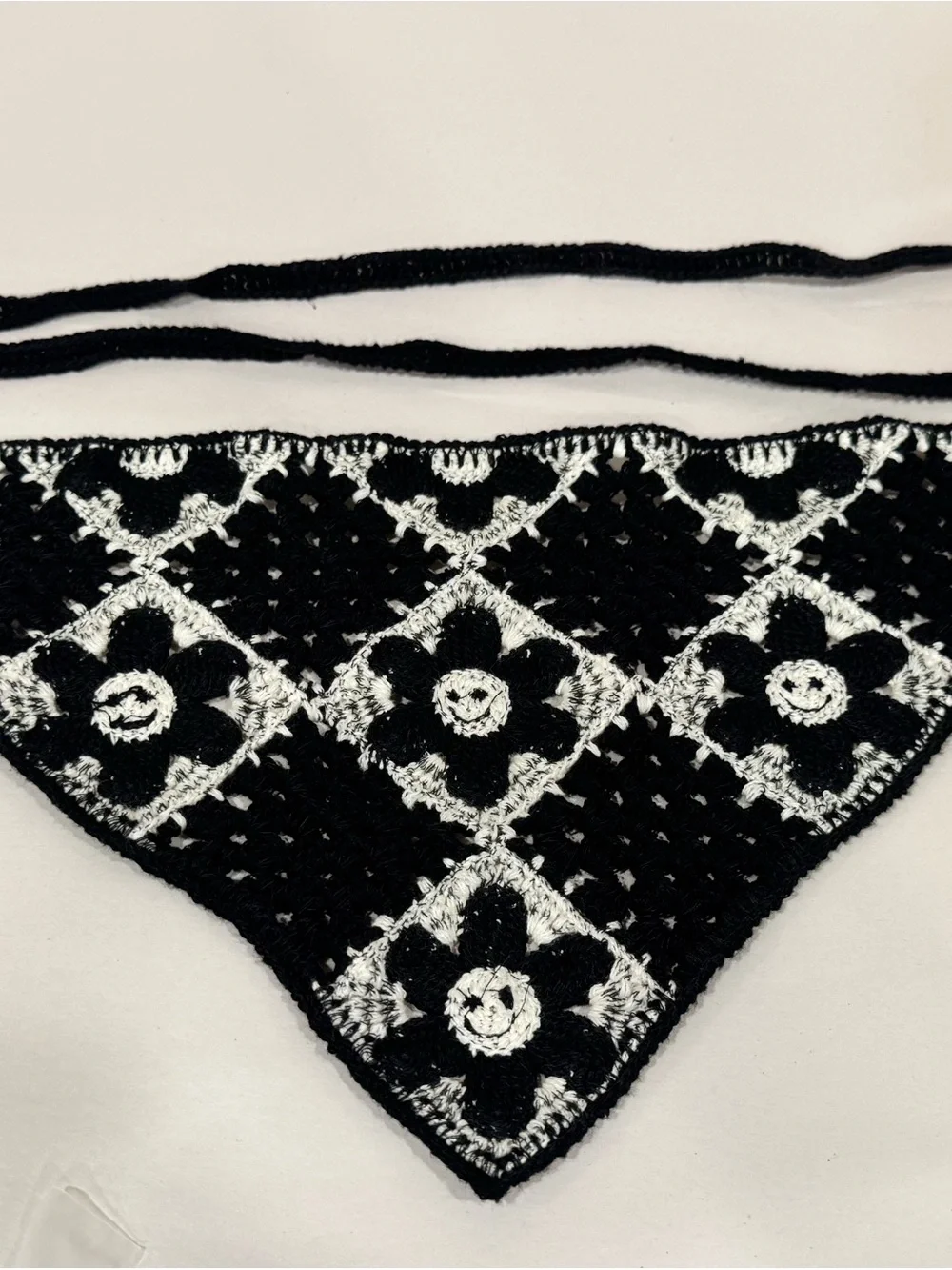 Cotton Crochet Head Scarf Knitted Bandana for Hair Smile Smiley Face Black White